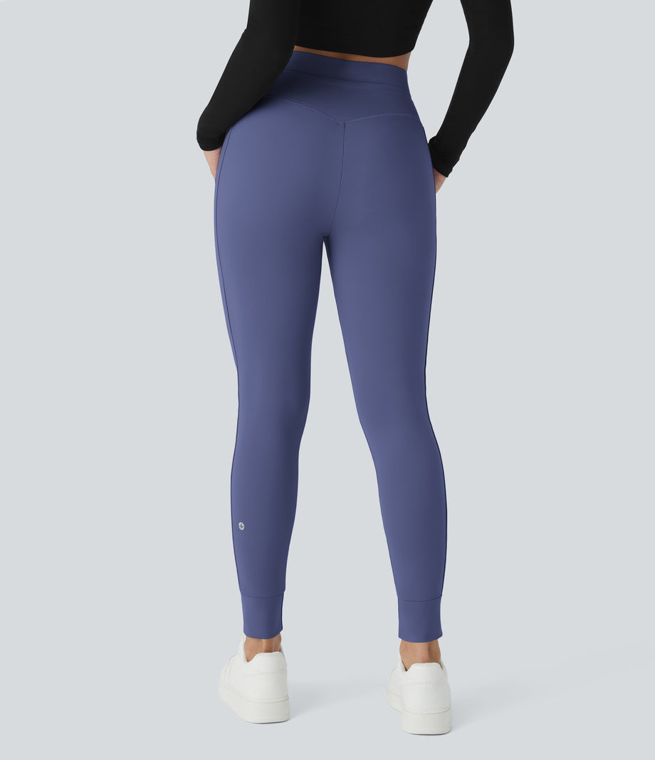 SoftlyZero™ Plush High Waisted Drawstring Pocket Plain Full Length Joggers - Dusky Blue