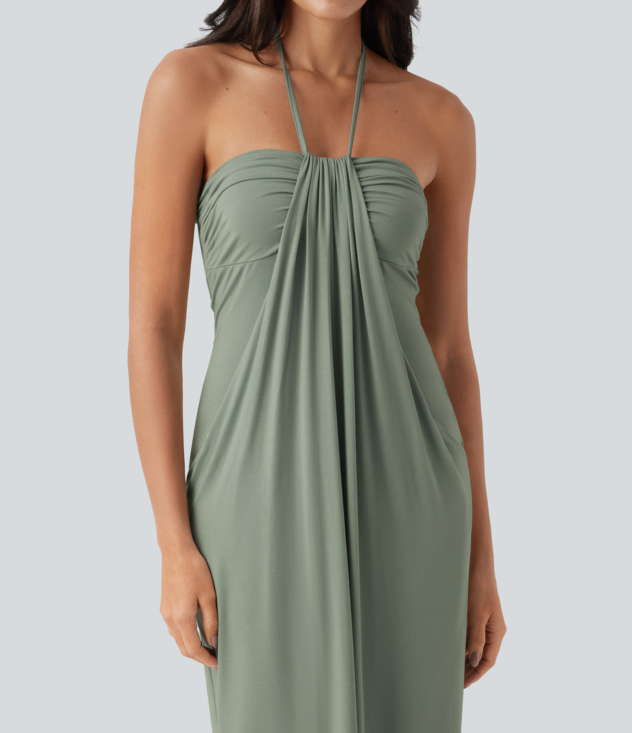 Halter Tie Back Maxi Dress with Pockets - Asparagus