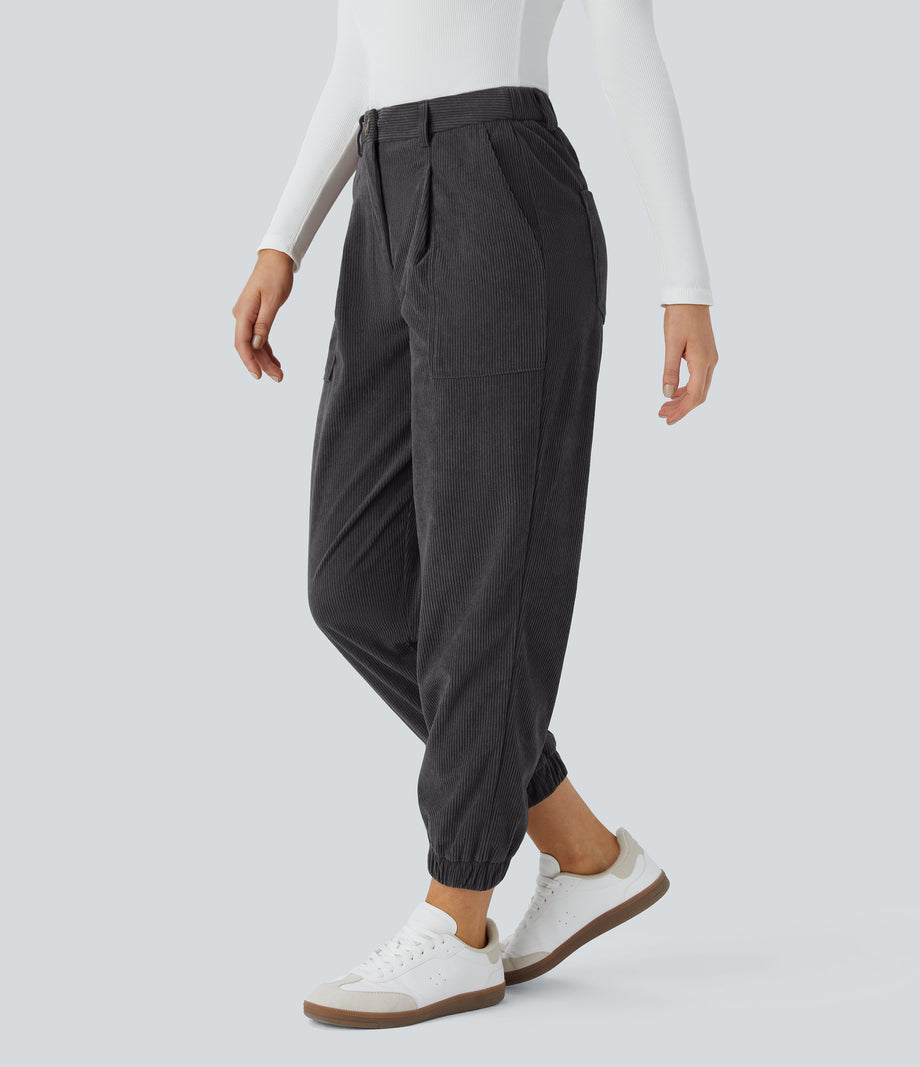 Mid Rise Zipper Pockets Corduroy Casual Joggers - Phantom