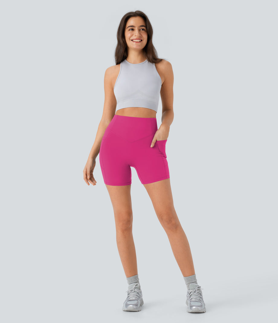 Halara UltraSculpt™ High Waisted Scrunch Butt Lifting Tummy Control Pocket Shaping Workout Biker Shorts 5'' - Fuchsia Purple