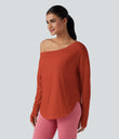 One Shoulder Long Sleeve Thumb Hole Curved Hem High Low Quick Dry Yoga Sports Top-Built-in Bra - Rooibos Tea