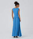 Ribbed Boat Neck Asymmetric Strap Ruched Pocket Flowy Maxi Casual Dress - Clear Sunny Blue