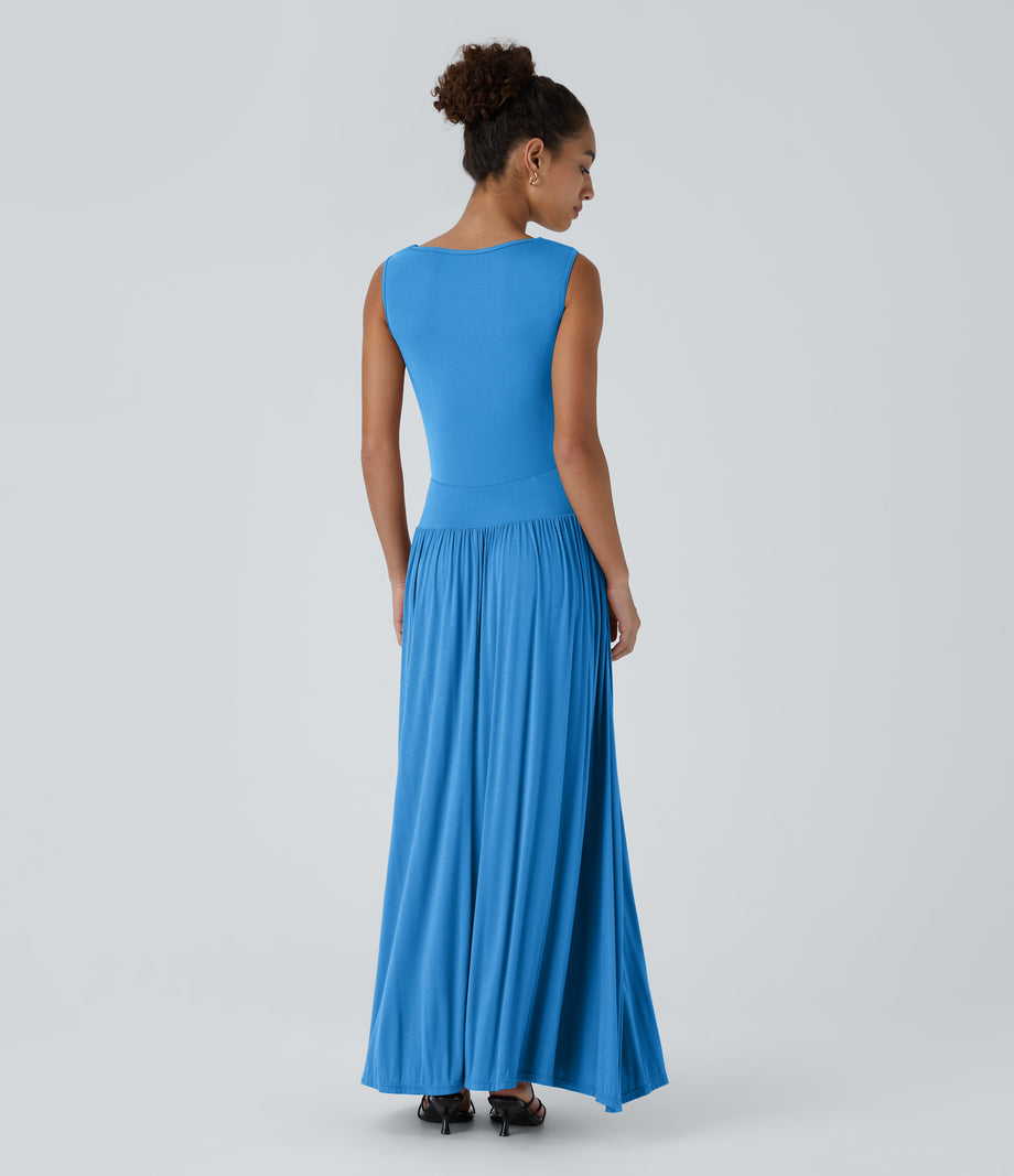 Ribbed Boat Neck Asymmetric Strap Ruched Pocket Flowy Maxi Casual Dress - Clear Sunny Blue