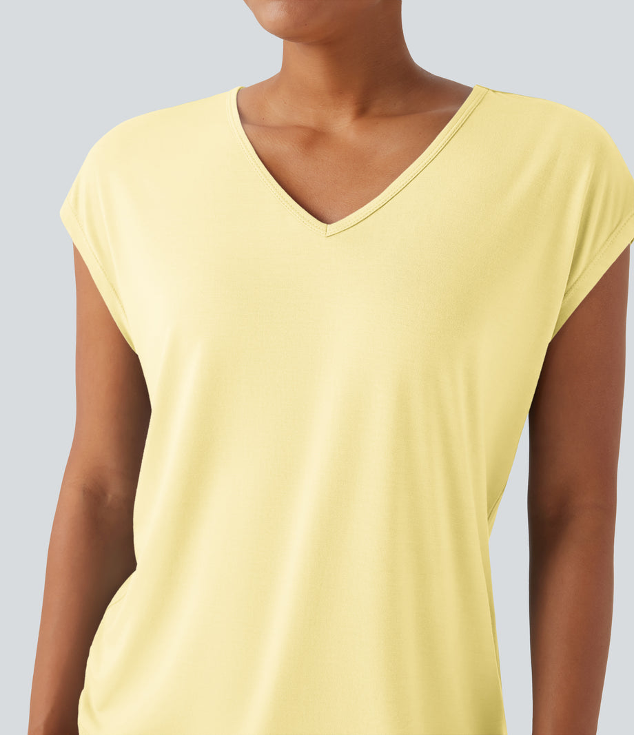 V Neck Short Sleeve Casual T-Shirt - Tender Yellow