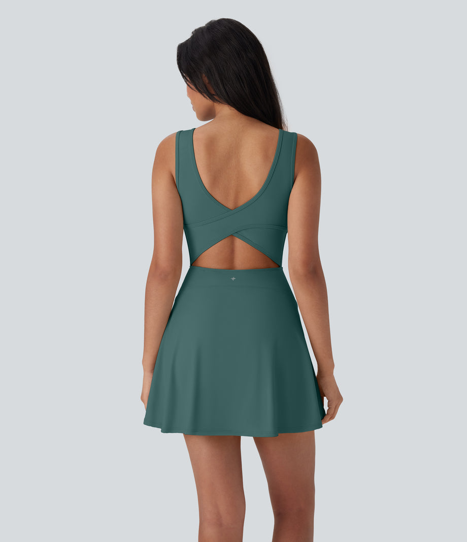 SoftlyZero™ Airy U Neck 2-in-1 Pocket Mini Cool Touch Dance Active Dress-Easy Peezy - Blue Spruce