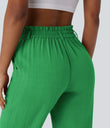High Waisted Zipper Pocket Cropped Linen-Feel Pants - Kelly Green