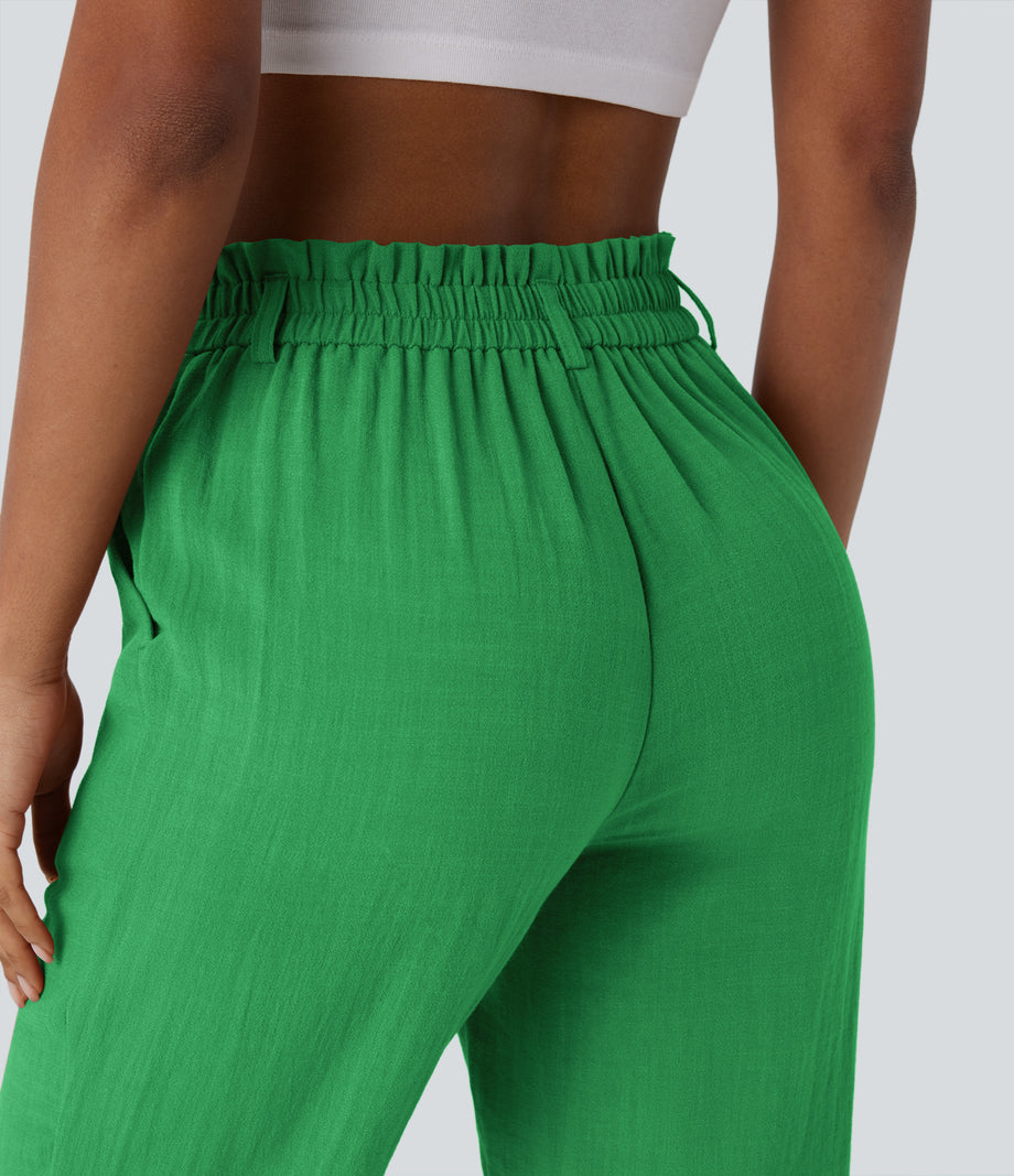 High Waisted Zipper Pocket Cropped Linen-Feel Pants - Kelly Green