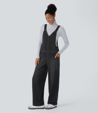 Halara Flex™ V Neck Pocket Washed Denim Casual Overalls - Dirty Grey Black Denim