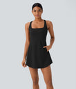 SoftlyZero™ Plush Cut Out Pocket 2-Piece Mini Yoga Active Dress - Black