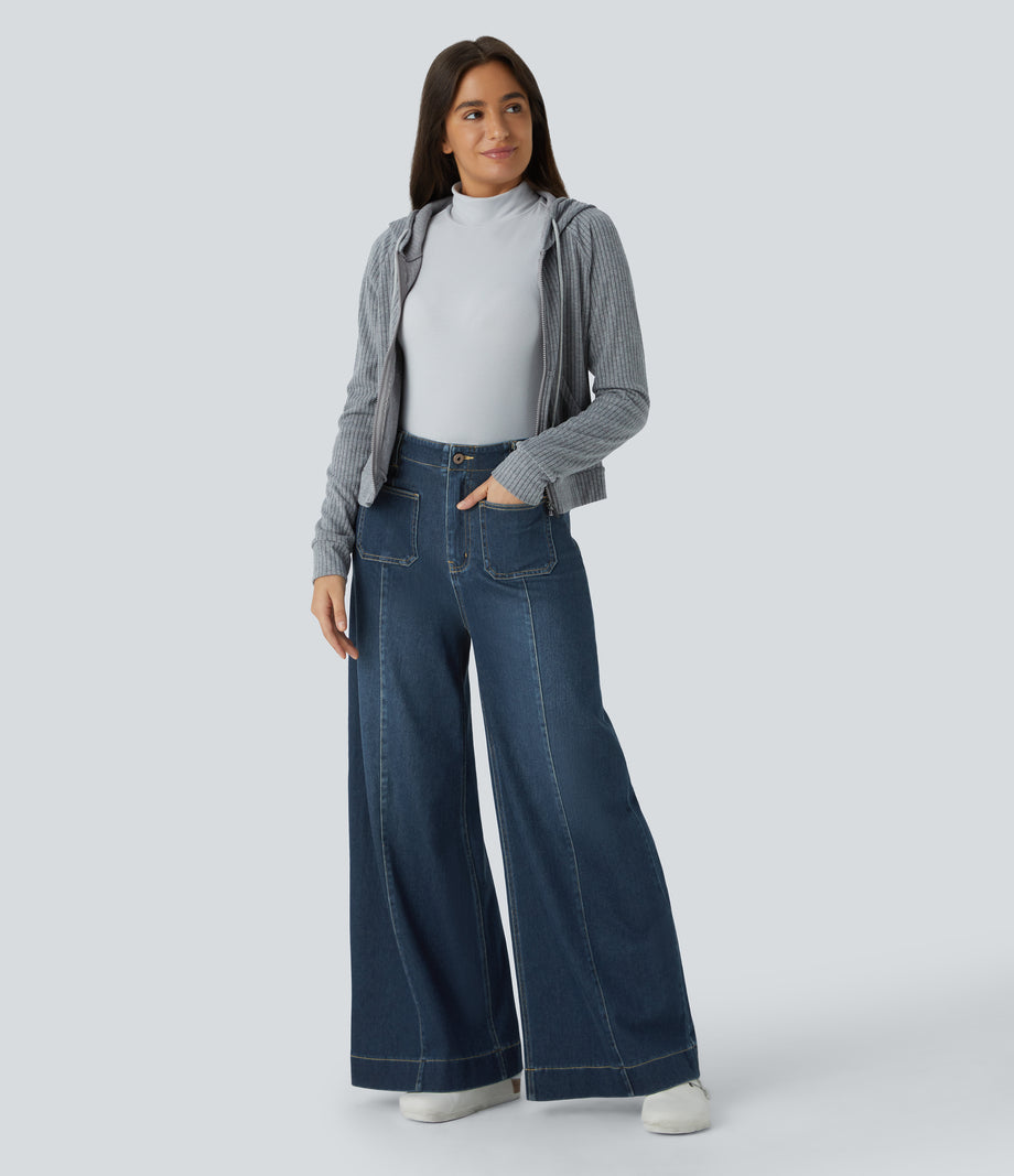 Halara Flex™ High Waisted Pockets Washed Casual Wide Leg Jeans - Distressed Denim Dark Blue