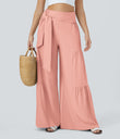 Breezeful™ High Waisted Shirred Tie Front & Back Wide Leg Flowy Quick Dry Casual Pants - Peach Melba