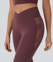 SoftlyZero™ High Waisted Crossover Contrast Lace Pocket Yoga Leggings-UPF50+ - Red Mahogany