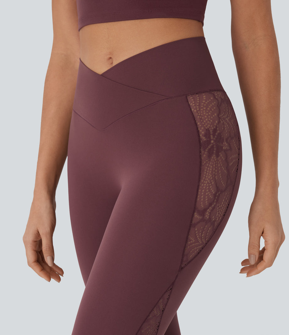 SoftlyZero™ High Waisted Crossover Contrast Lace Pocket Yoga Leggings-UPF50+ - Red Mahogany