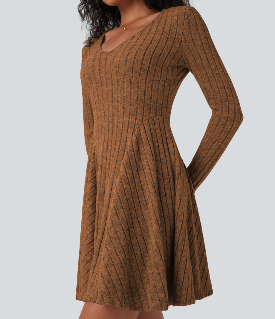 Ribbed Knit V Neck Long Sleeve Flare Mini Casual Dress with Pockets - Orange Floral Velvet