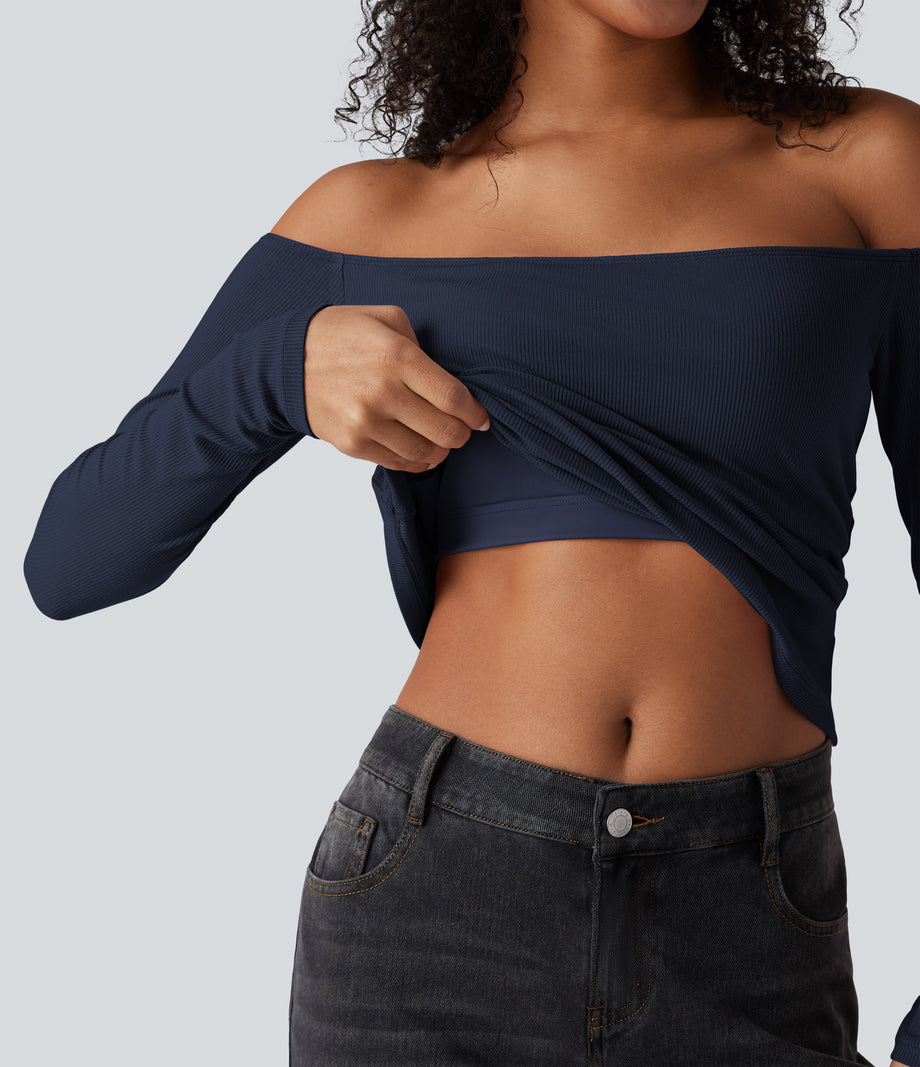 Ribbed Knit Off Shoulder Long Sleeve 2-in-1 Casual Top - Naval Academy