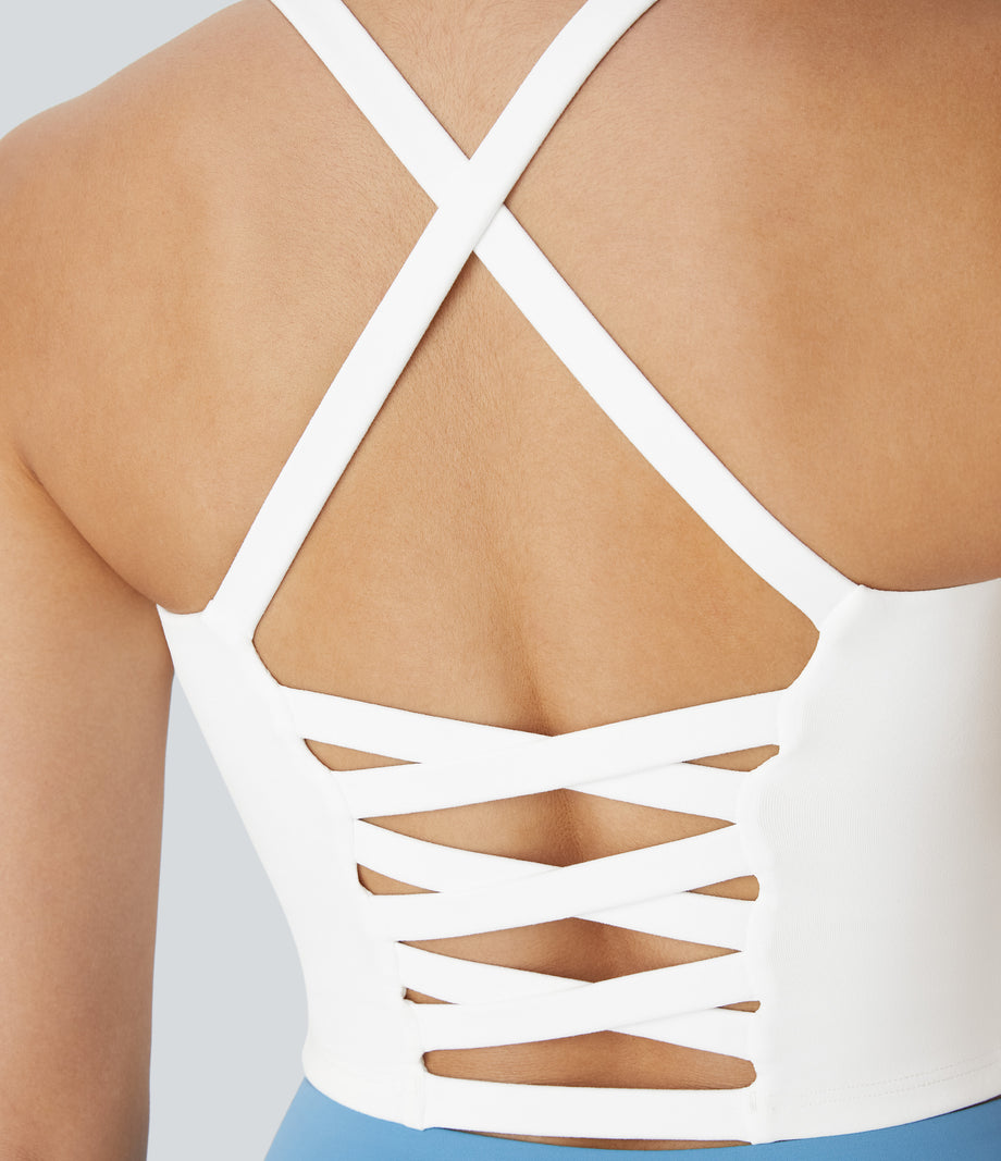 Crisscross Backless Built-in Bra Cropped Running Tank Top A-D Cups - White