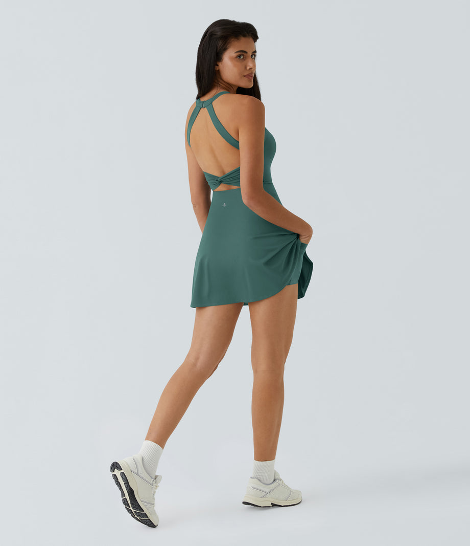 SoftlyZero™ Airy Backless Twisted Flare Low Support Dance Active Dress-Longer Length-Easy Peezy Edition A-D Cups - Blue Spruce
