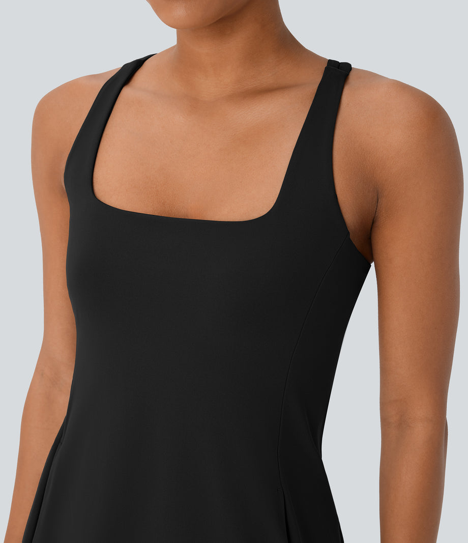 SoftlyZero™ Plush Cut Out Pocket 2-Piece Mini Yoga Active Dress - Black