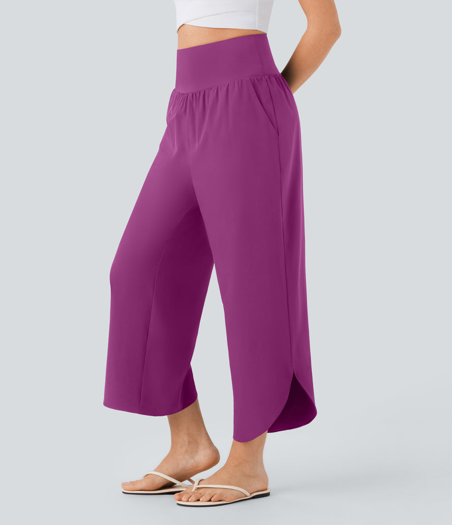 Breezeful™ High Waisted Tummy Control Split Hem Quick Dry Resort Pants with Pockets - Purple Wine