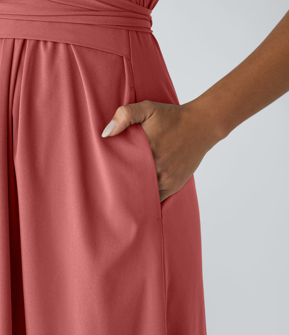 Breezeful™ V Neck Short Sleeve Pocket Tie Back Quick Dry Midi Casual Dress-Longer Length - Kapok Red