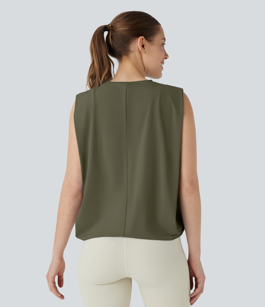 Round Neck Ruched Cool Touch Yoga Tank Top-UPF50+ - Grass Grey Green