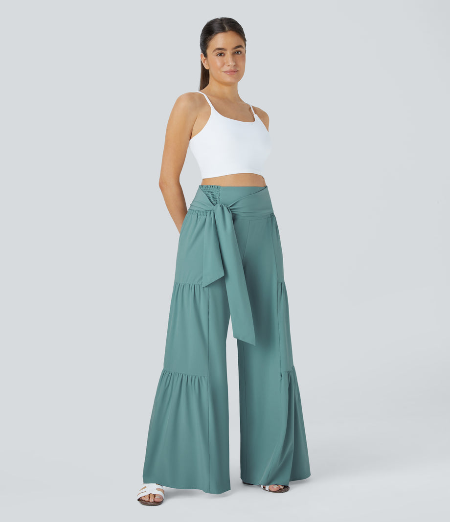 Breezeful™ High Waisted Shirred Tie Front & Back Wide Leg Flowy Quick Dry Casual Pants - Mineral Blue