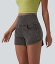 Halara Flex™ High Waisted Tummy Control Curved Hem Skinny Denim Casual Shorts with Pockets - Poppy Seed Denim