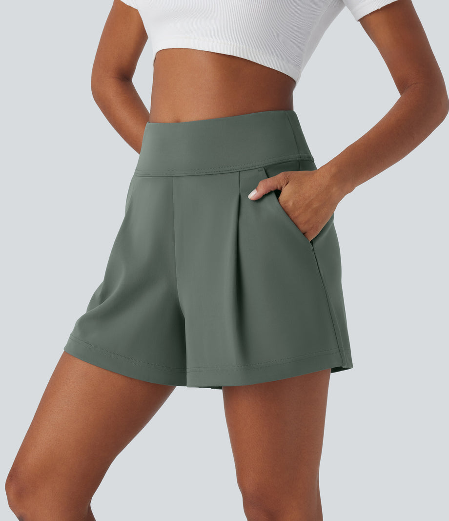 DayStretch High Waisted Work Baggy Shorts 4'' with Pockets - Deep Aquamarine