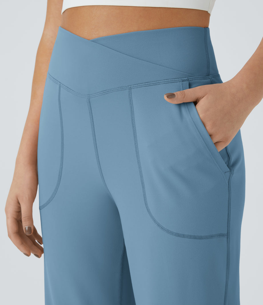 DayStretch Crossover Pocket Hem Wide Leg Yoga Pants-Smile - Light Azure