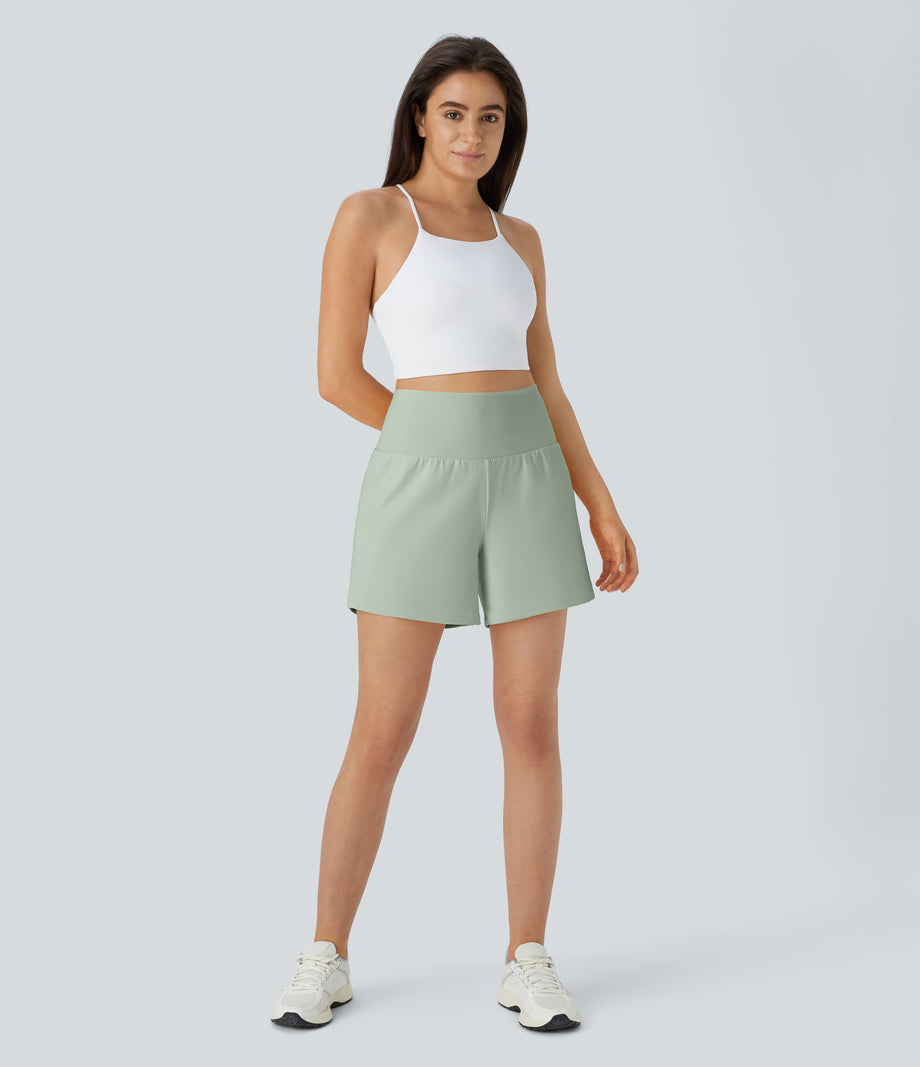 SoftlyZero™ Airy Super High Waisted 2-in-1  Cool Touch Yoga Shorts 5'' with Pockets-Longer Length - Light Bean Green