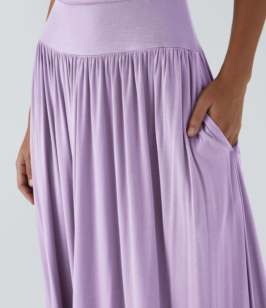 Ribbed Boat Neck Asymmetric Strap Ruched Pocket Flowy Maxi Casual Dress - Misty Purple