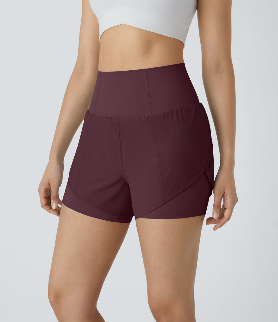 Breezeful™ Super High Waisted Curved Hem 2-in-1 Pocket Quick Dry Yoga Shorts 3.5'' - Berry Red
