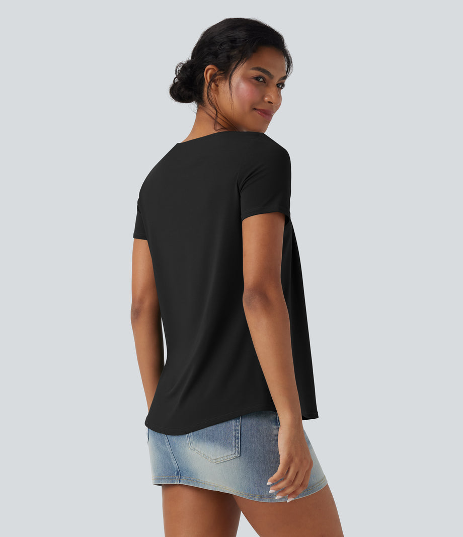 Square Neck Short Sleeve Casual Top - Black