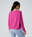 Round Neck Long Sleeve Ruched Yoga Sports Top-UPF50+ - Fuchsia Fedora
