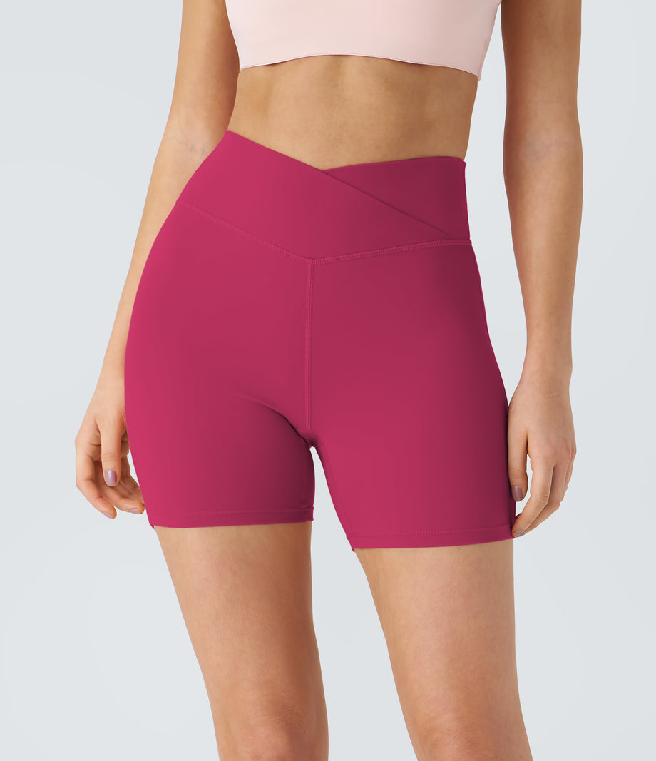 SoftlyZero™ Plush High Waisted Crossover Ruched Yoga Shorts 5'' - Cherries Jubilee