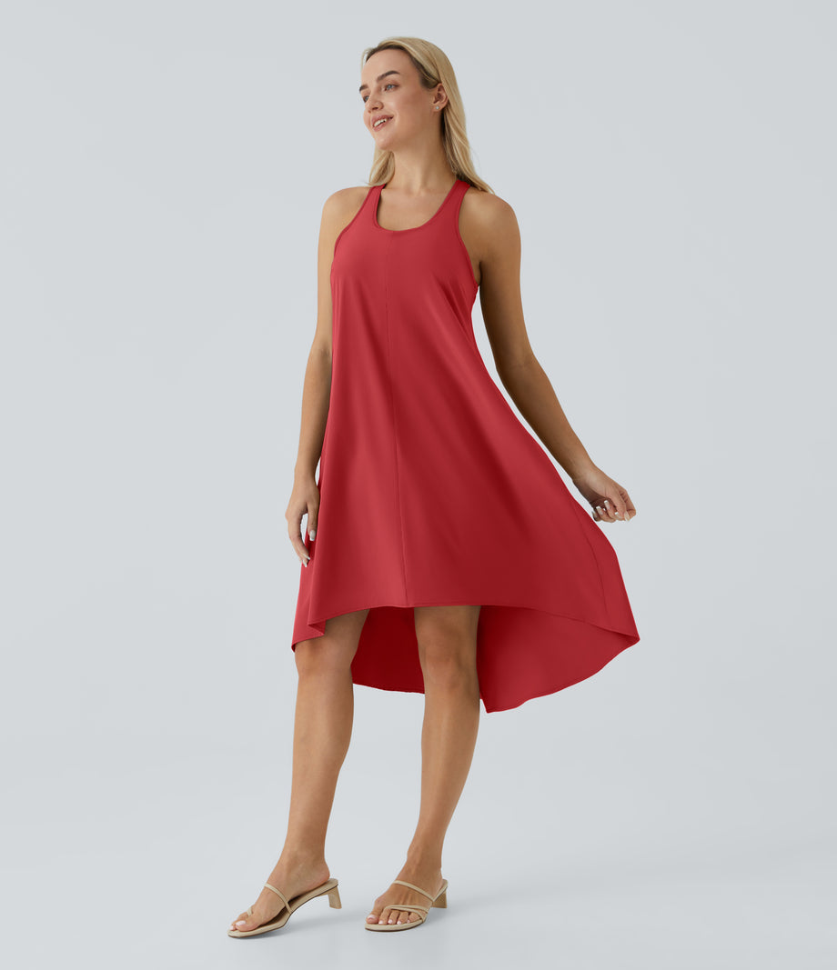 Breezeful™ Backless Racerback Side Pocket High Low Flowy Midi Quick Dry Casual Dress - Pompeian Red