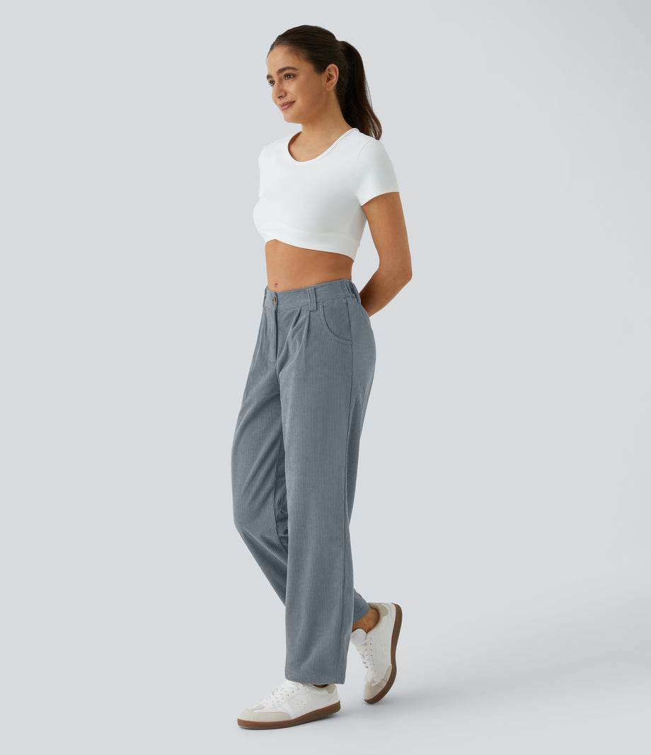 Mid Rise Zipper Pocket Corduroy Casual Pants - Blue Flower Gray