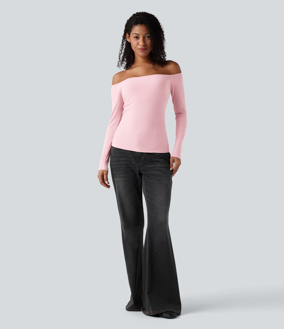 Ribbed Knit Off Shoulder Long Sleeve 2-in-1 Casual Top - Rose Haze Pink