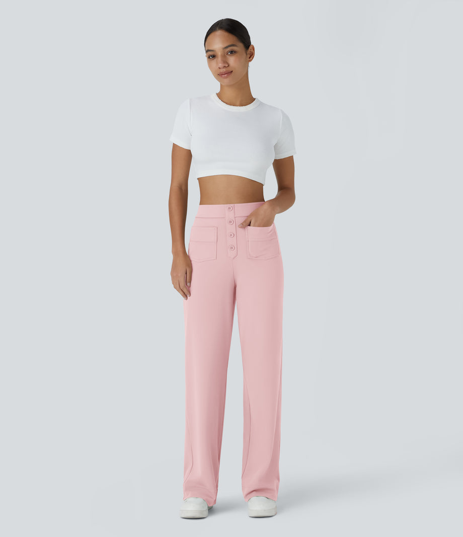 DayStretch High Waisted Pockets Straight Leg Casual Pants - Primrose Pink