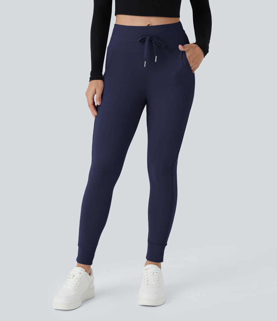 SoftlyZero™ Plush High Waisted Drawstring Pocket Plain Full Length Joggers - Peacoat