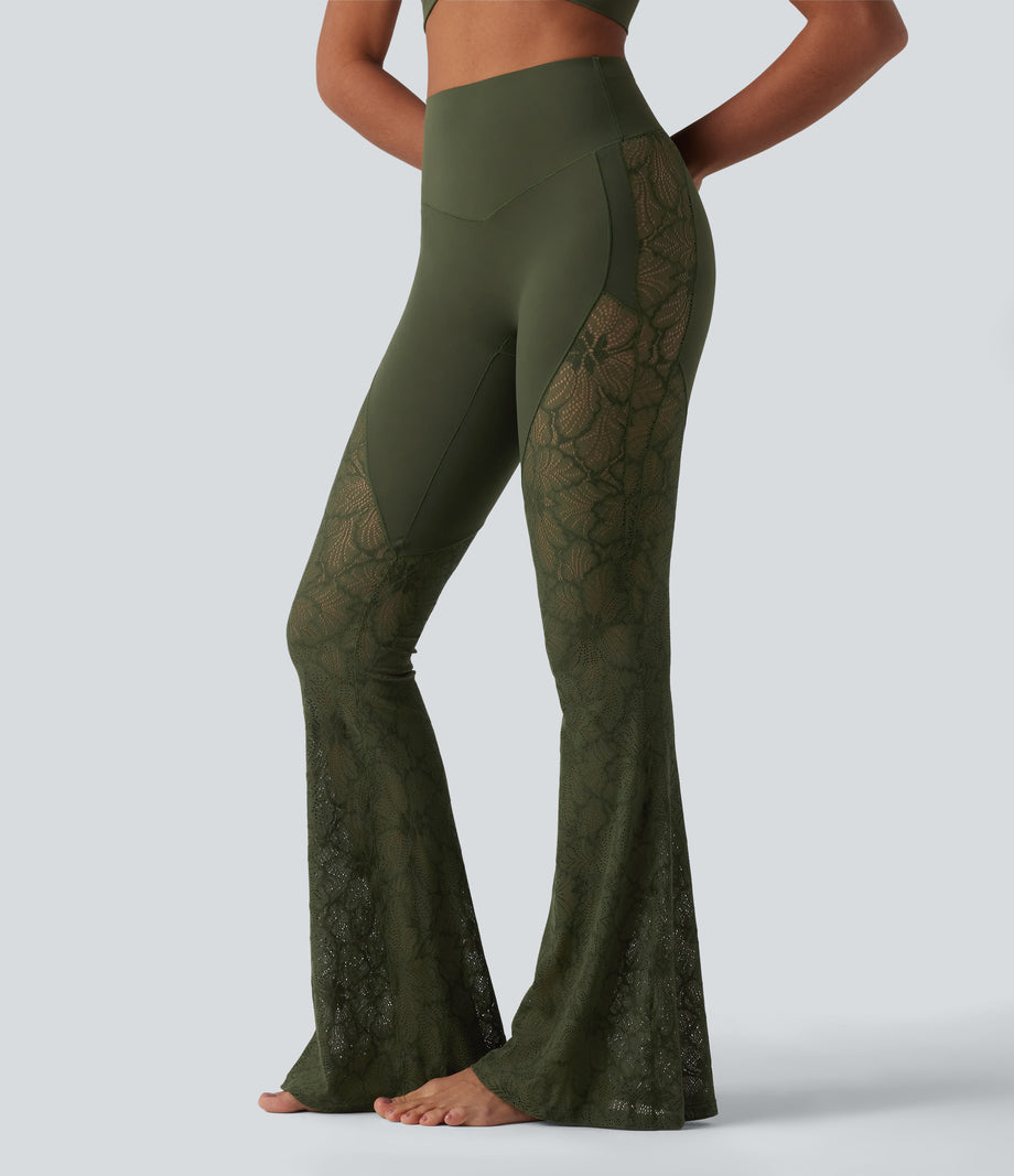 Halara UltraSculpt™ High Waisted Tummy Control Contrast Lace Yoga Flare Leggings with Pocket - Deep Woodland Green