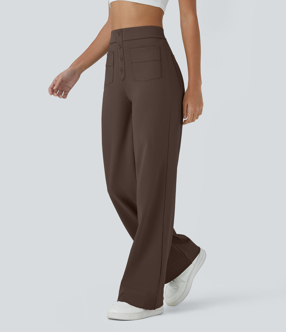 DayStretch High Waisted Pockets Straight Leg Casual Pants - Chocolate Martini