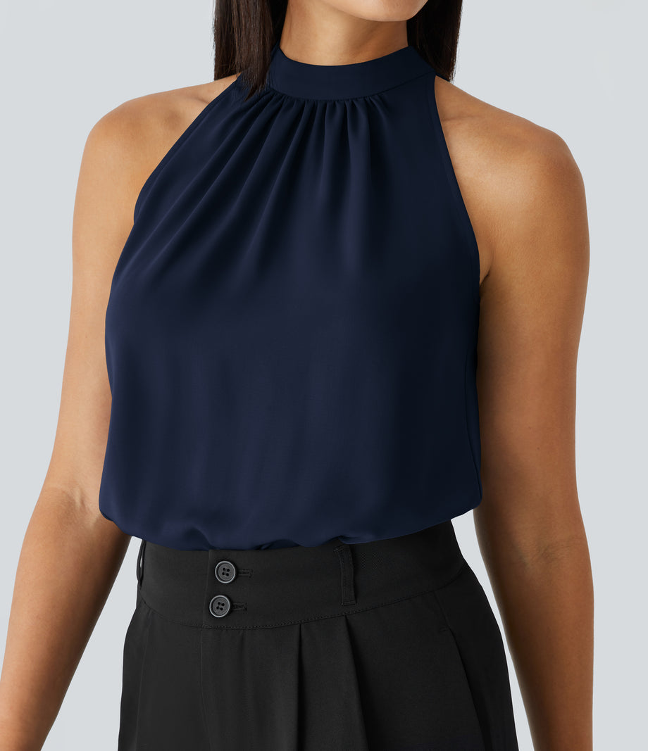 Keyhole Back Halter Sleeveless Curved Hem Work Blouse - Denim Blue