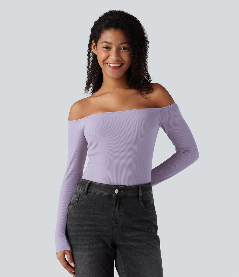 Ribbed Knit Off Shoulder Long Sleeve 2-in-1 Casual Top - Mashed Taro purple
