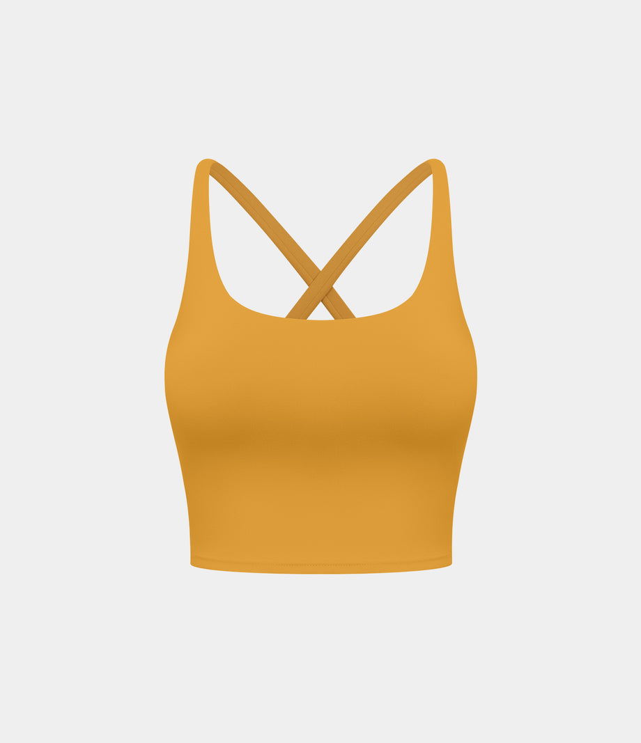 Crisscross Backless Built-in Bra Cropped Running Tank Top A-D Cups - Golden Yellow
