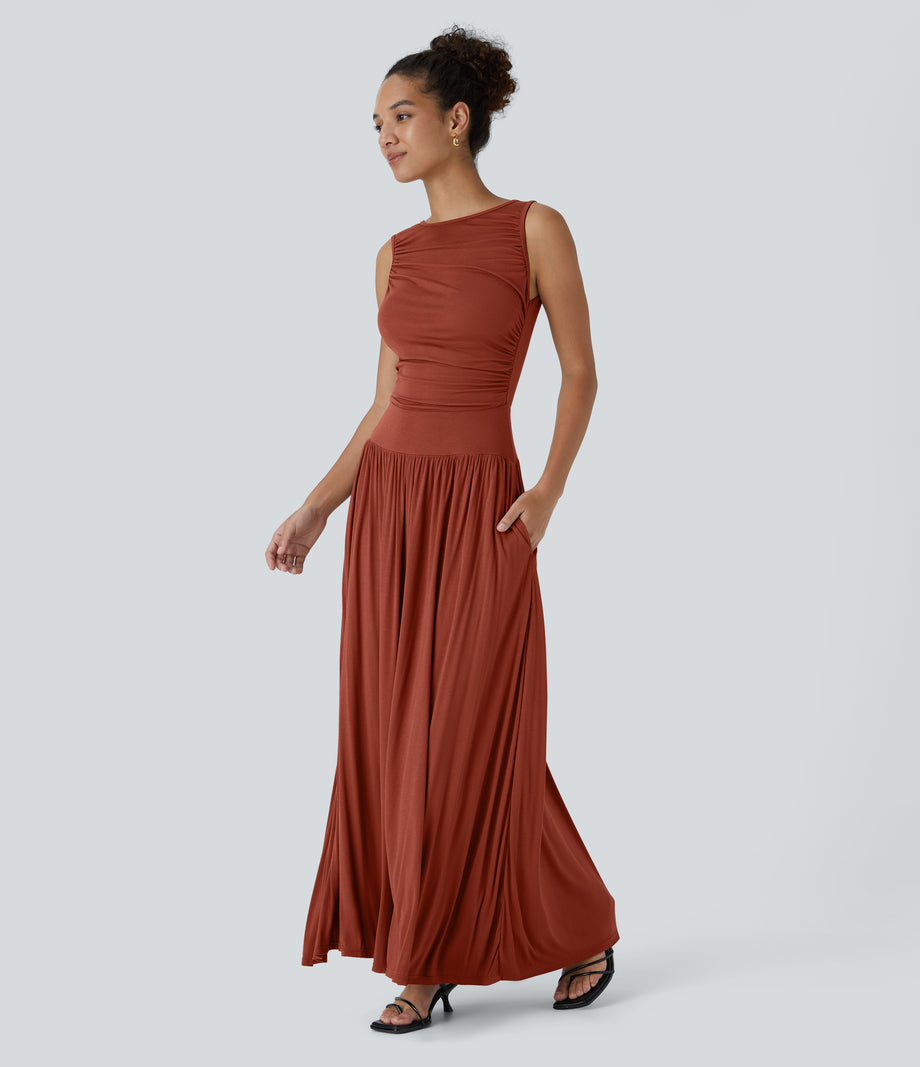 Ribbed Boat Neck Asymmetric Strap Ruched Pocket Flowy Maxi Casual Dress - Picante