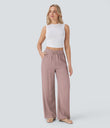 High Waisted Drawstring Pocket Wide Leg Baggy Casual Linen-Feel Pants - Deauville Mauve