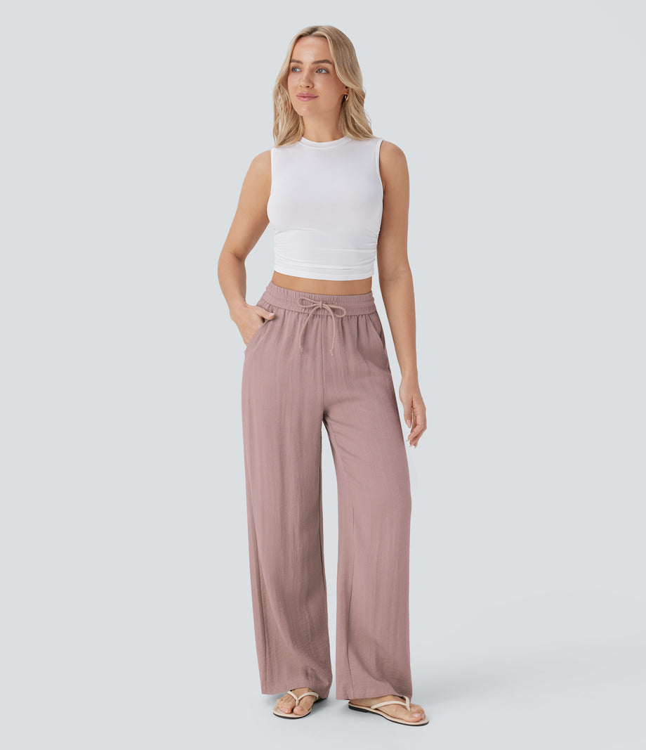 High Waisted Drawstring Pocket Wide Leg Baggy Casual Linen-Feel Pants - Deauville Mauve