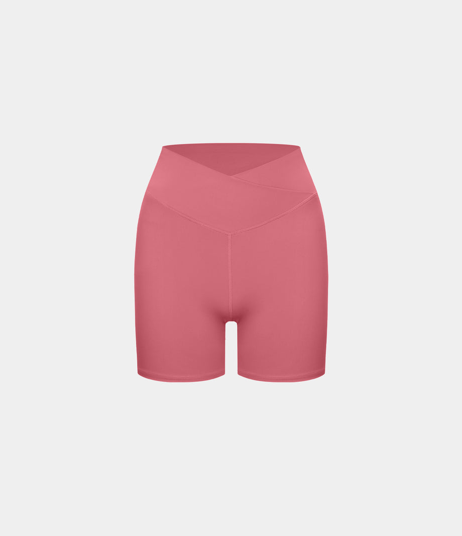 SoftlyZero™ Plush High Waisted Crossover Ruched Yoga Shorts 5'' - Begonia Rouge