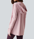 Hooded Cowl Neck Long Sleeve Thumb Hole Yoga Sports Top with Pockets - Pale Lilac